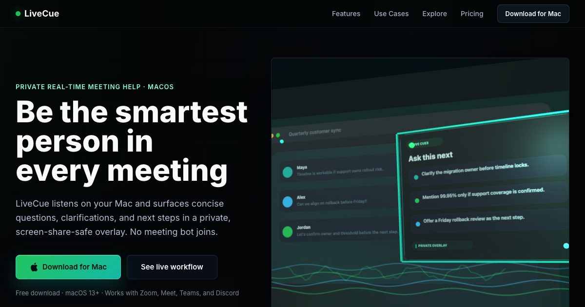 LiveCue app preview with private meeting cues